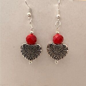 Silver Heart Earrings with Red Beads New
